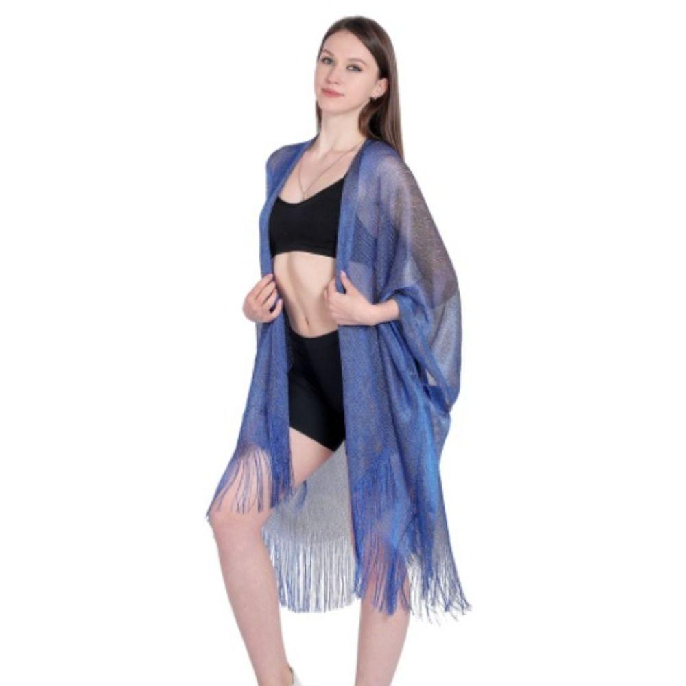 

Comfortable Tassel Shawl Poncho Silk Shawl High Quality Hollow Sun Protection Scarf Women темно-синього кольору