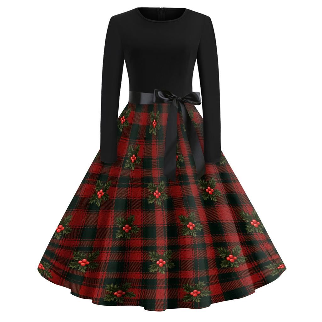 Women's Vintage V-Neck Christmas Print Casual Dress for Holiday Party
