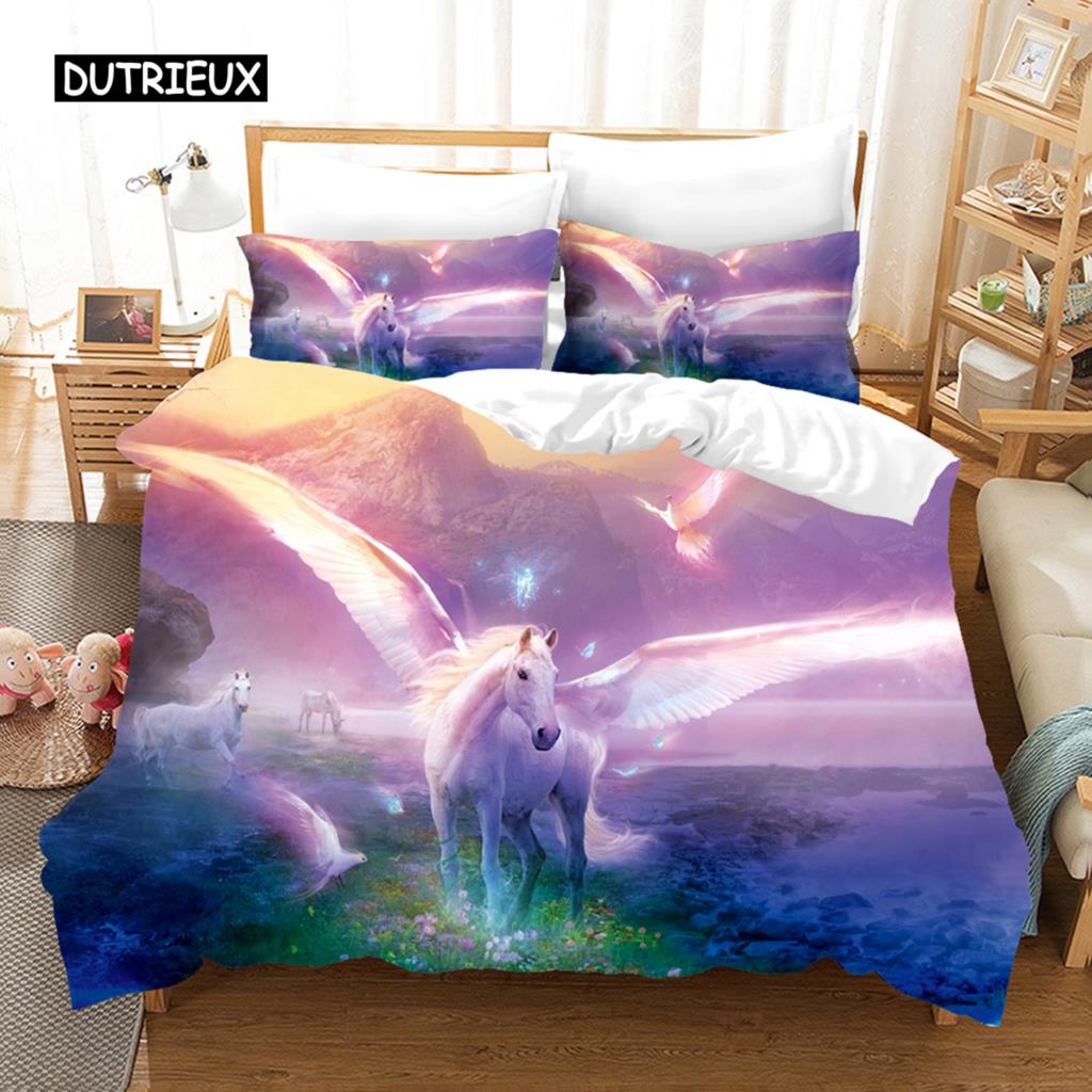 Pink Unicorn Duvet Cover for Kids Bedding Set Cartoon Flying Horse Design Bedroom Decor