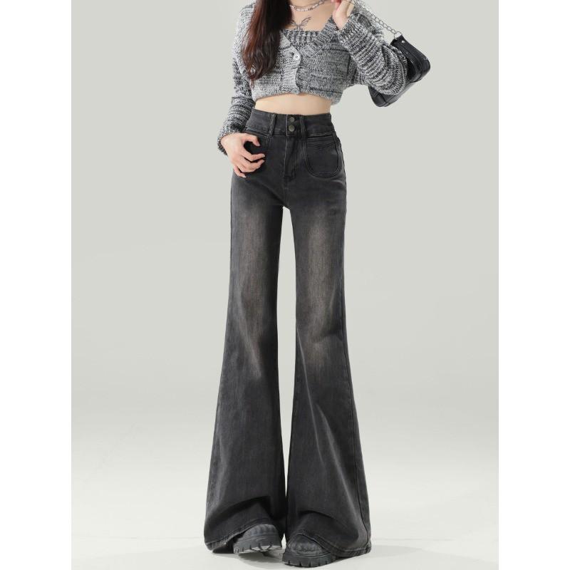 High Waist Flared Jeans Women Slim Fit Stretch Denim Pants Black Grey Vintage Blue Winter
