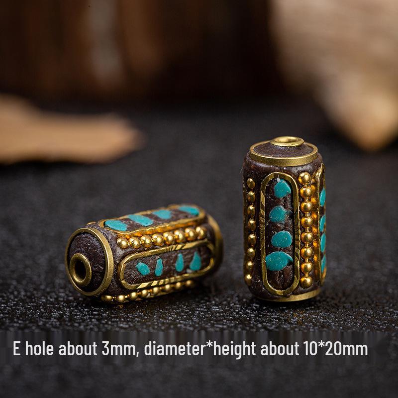 Handmade Ethnic Retro Buddhist Copper Beads with Inlaid Turquoise and Brass Spacer Beads.
