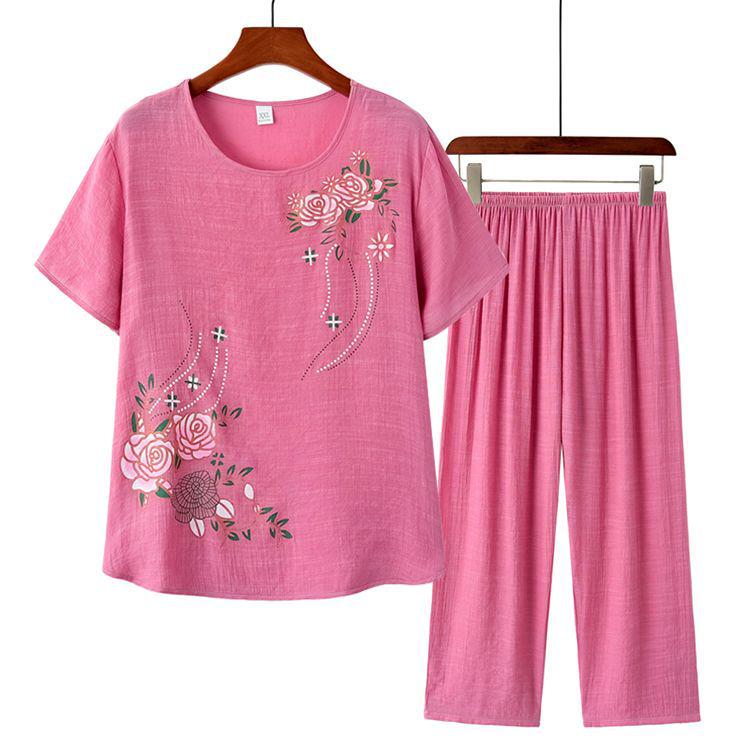 Summer Two-Piece Set for Middle-Aged and Elderly Women - T-Shirt and 9-Point Pants