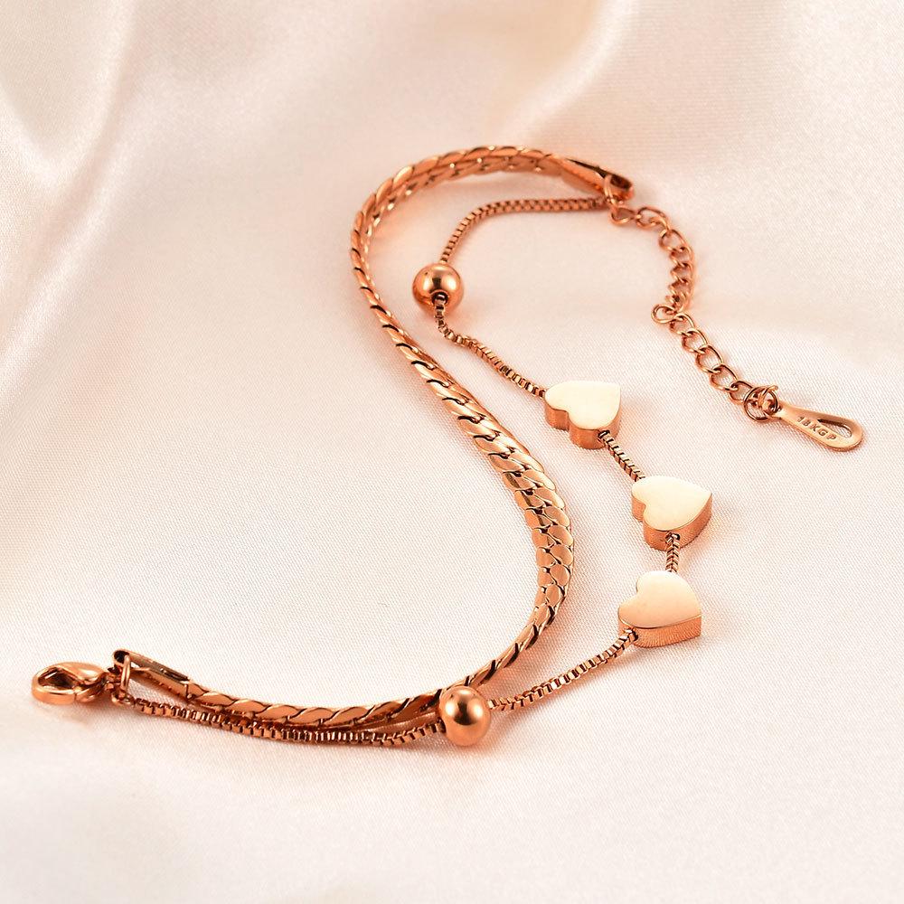 8MM Smooth Surface Heart 18K Gold Stainless Steel Double Layer Bracelet, Laser Engravable