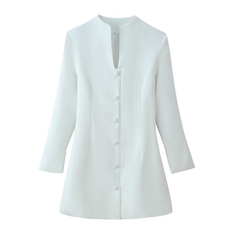 2025 Autumn Women s Elegant Stand-up Collar Solid Color Waist-cinching Dress Small белый