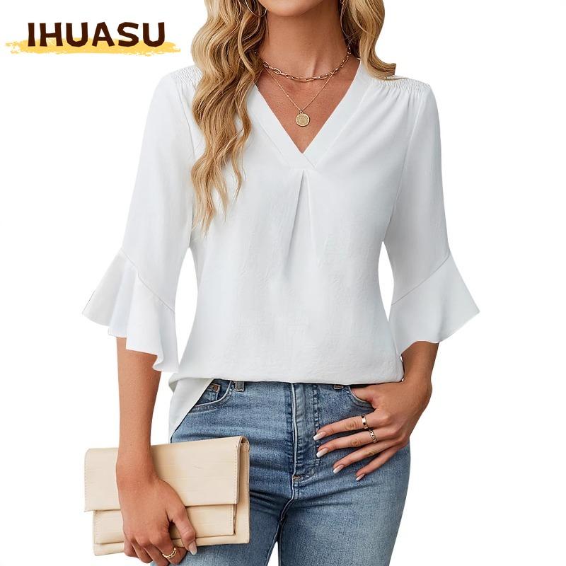 IHUASU Women's Fashion Casual Solid Color Print V-Neck 3/4 Sleeves Blouses & Shirts