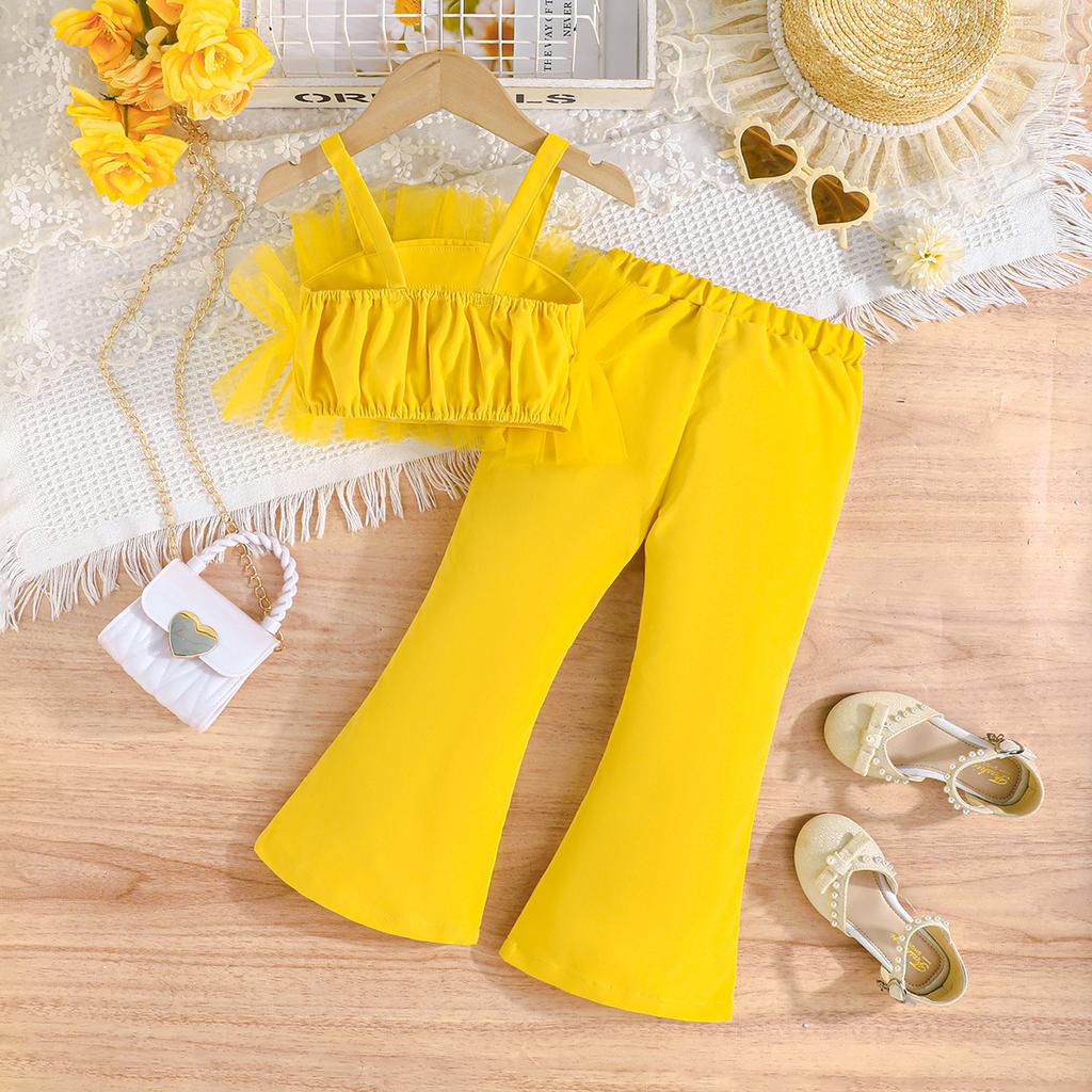 Varmsalg 2-7Å Jentedrakt Sommer Haltertopp Mesh + Utsvingte Bukser Jentemotedrakt Jentebukser