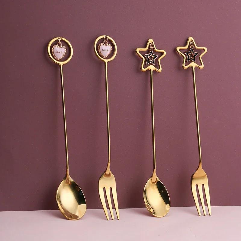 Cuillère à café en acier inoxydable 304 Cuillère à glace pastèque Cuillères à thé Cuillère à dessert Fourchette Avec joli pendentif Vaisselle créative