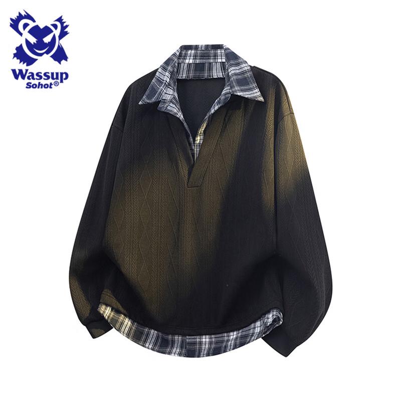 Wassup Sohot Men s Fake Two-Piece Polo Collar Sweatshirt L