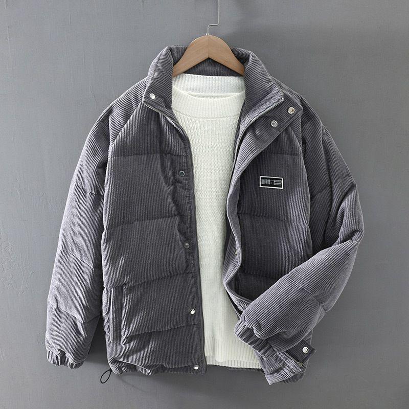 Men's Winter Corduroy Down Jacket - Retro Japanese Style, Thick, Warm, Solid Color, Short Silhouette.