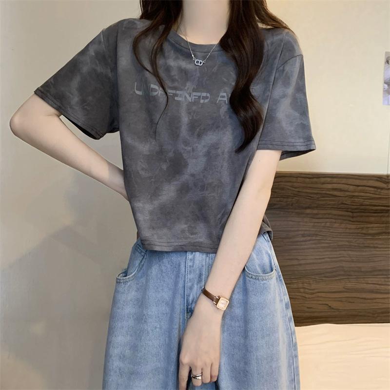 

American retro tie-dye short-sleeved letter-printed loose women s t-shirt summer design short student top M серый