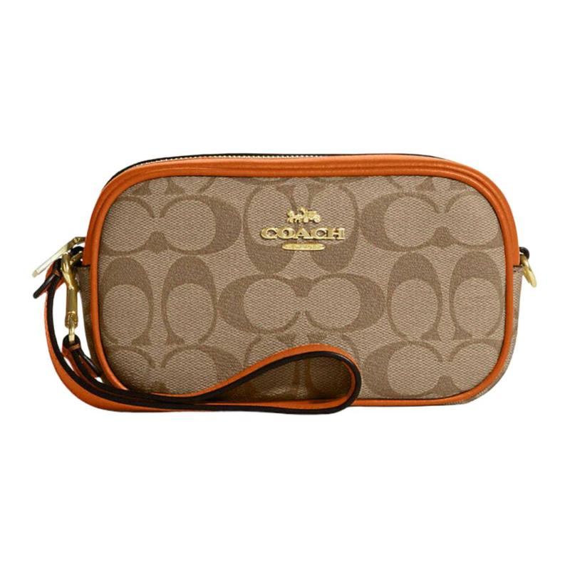 

COACH Jamie 18 classic presbyopic zipper, coated canvas and leather, camera bag, coin purse, clutch, small size, women s light brown коричневый