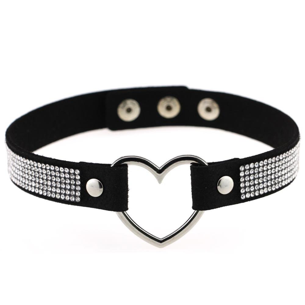 Black Leather Heart Rhinestone Choker Necklace Women Crystal Choker  Statement Chocker Collar Fashion Jewellery