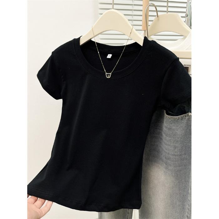 

Special big goods waist slim short-sleeved T-shirt women s drape feeling women s round neck short-sleeved top Spice girl slim T-shirt tide XL чорний