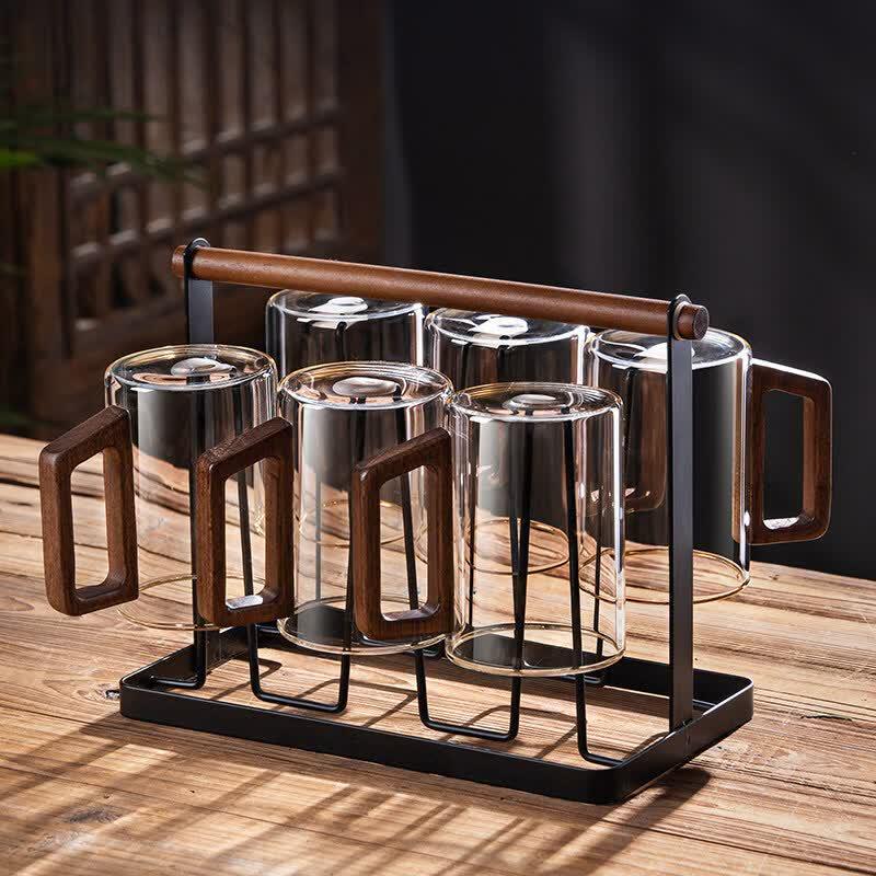 Glass Teacup Set with Wooden Handle