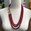 Retro Pomegranate Red Glass Bead Layered Sweater Chain & Rhinestone Necklace Bracelet Set