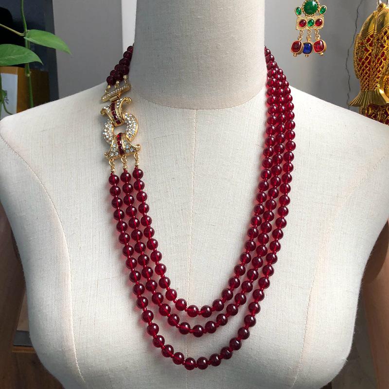 Retro Pomegranate Red Glass Bead Layered Sweater Chain & Rhinestone Necklace Bracelet Set