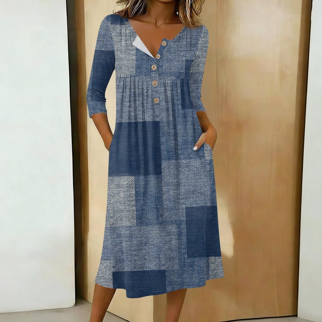 Women's Fashionable Color Printed Round Neck 3/4 Sleeve Button Collar Mid Length Casual Dress
