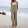 Women Casual Loose Long Bib Pants Sleeveless Wide Leg Baggy Jumpsuits Cotton Romper Overalls with Pockets