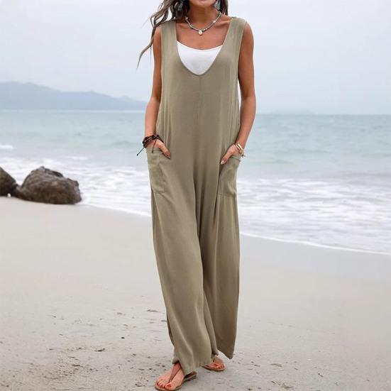 Women Casual Loose Long Bib Pants Sleeveless Wide Leg Baggy Jumpsuits Cotton Romper Overalls with Pockets