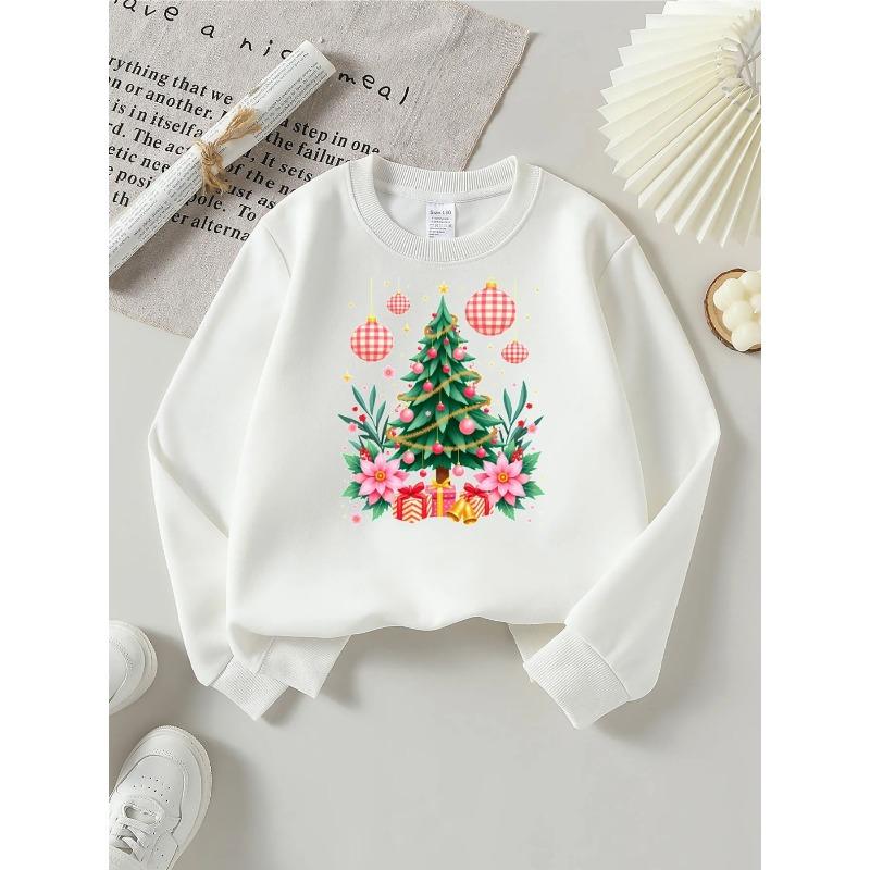 Kids Crewneck Hoodie, Christmas Tree Ornaments Gifts Flowers Stars Print,Casual Sportswear for Spring & Autumn