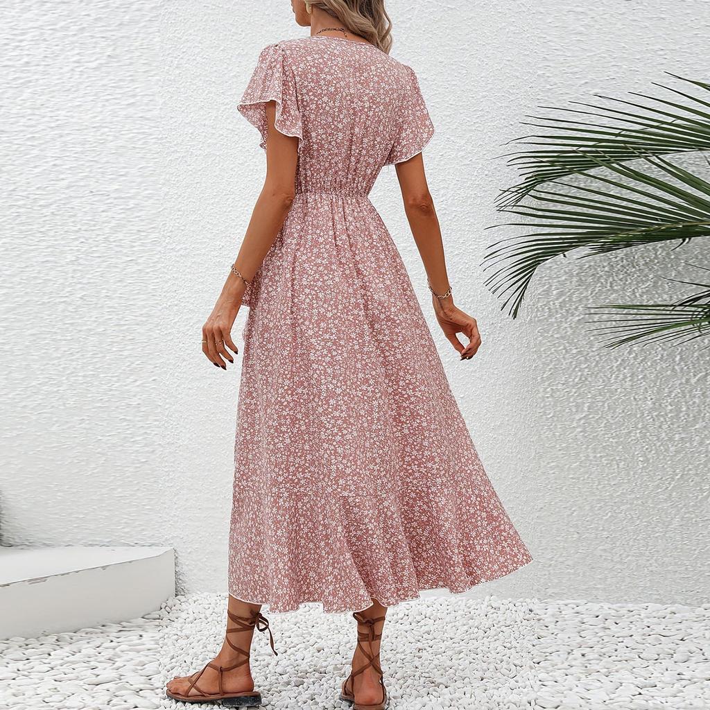 Women's V-Neck Waisted Floral Short Sleeve Dresses