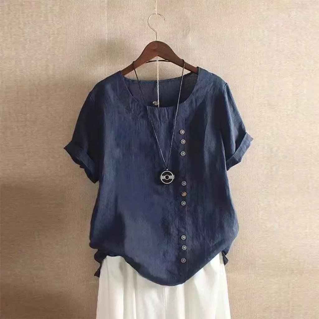 18 Colors S-5XL Women Cotton Linen Button Blouse Summer Female O-Neck Short Sleeve Solid Shirt Tops