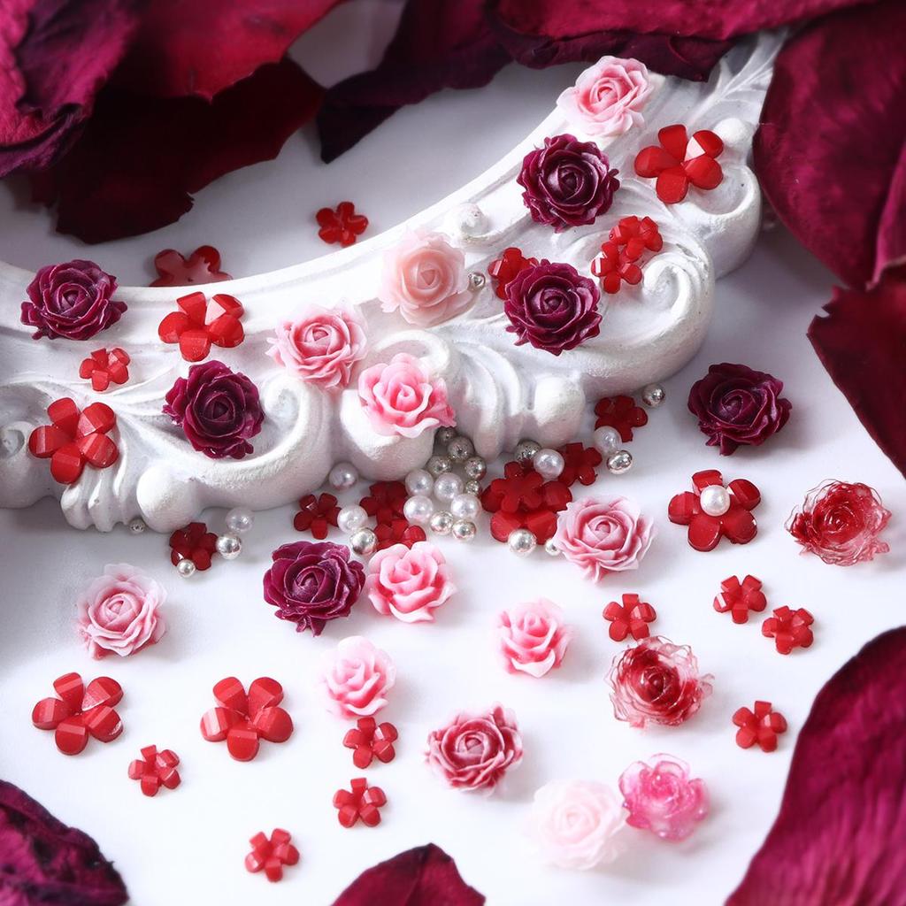 Valentine's Day Mixed Color Center Small Rose Nail Decoration Accessories, Red Acrylic Small Flower Silver Beads for Making Charming Nail Products