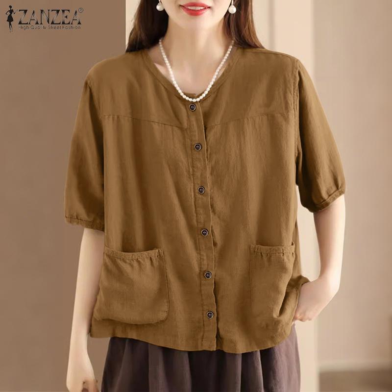 ZANZEA Women Casual Round Neck Short Sleeve Patchwork Pockets Blouse