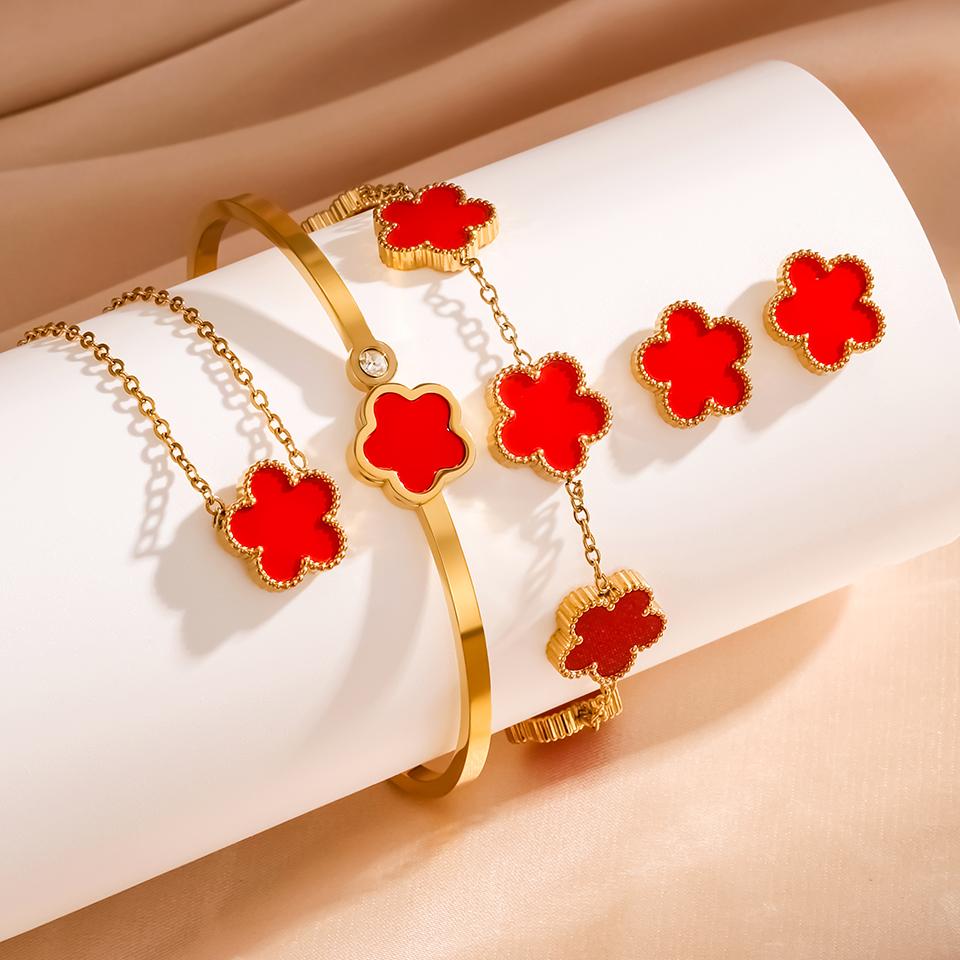 3Pcs Stainless Steel 316L Luxury Plum Blossom Plant Five Leaf Flower Necklace Earrings Bracelet For Women Gift Jewelry Sets