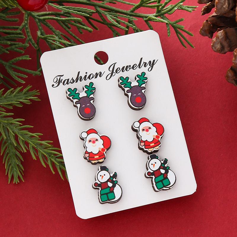 Hot Sale New Christmas Series Wooden Earrings Christmas Tree Bells Snowman Stud Earrings Set