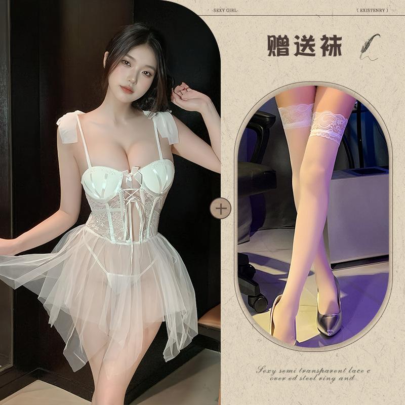 Incens de ascultat noaptea lenjerie sexy plasă subțire transparentă plus burete la piept inel de oțel strângere bretele rochie de noapte costum pentru femei