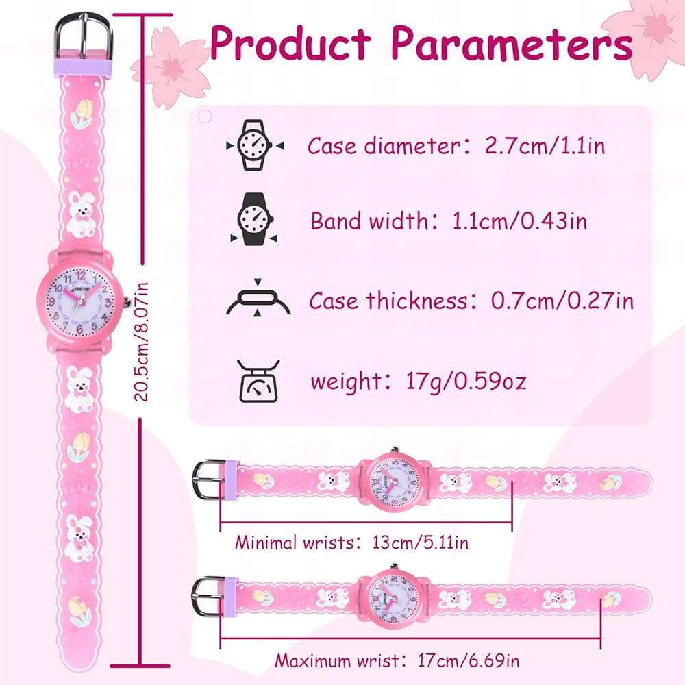 Maeau Kids Quartz Analog Watch Waterproof Pink Rabbit Design Girls Wristwatch for School and Birthdays