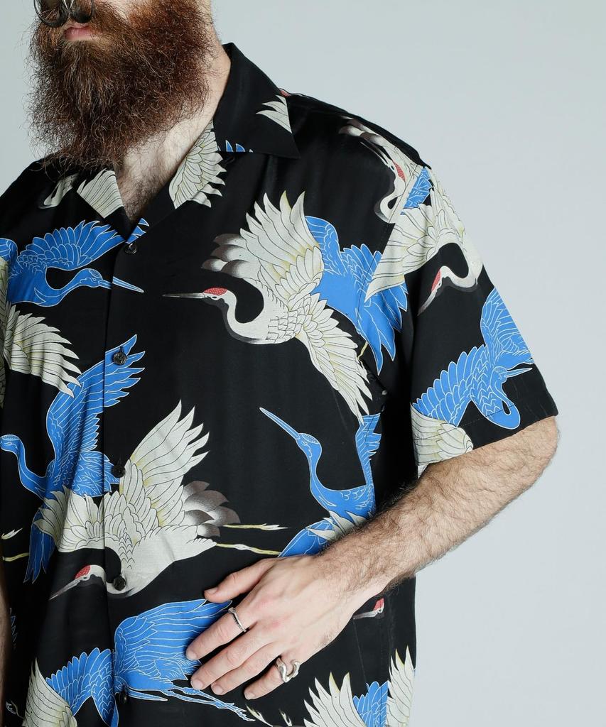 Schott X PJ X Pineapple Juice RAYON SHIRT CRANE Men's Rayon Shirt, Size 2XL, 010, Black, 782-5123018