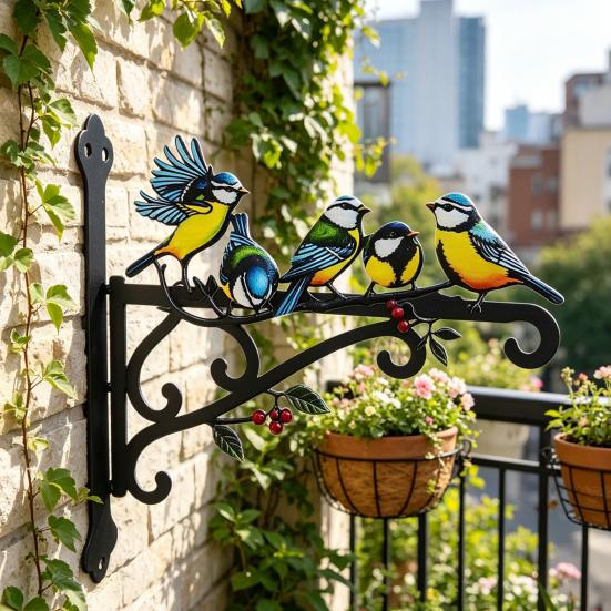 Aesthetic Wall Plant Hanger Metal Hanging Plant Bracket with Colorful Bird Pattern for Bird Feeders Wind Chimes Lantern Outdoor Indoor Patio Decor