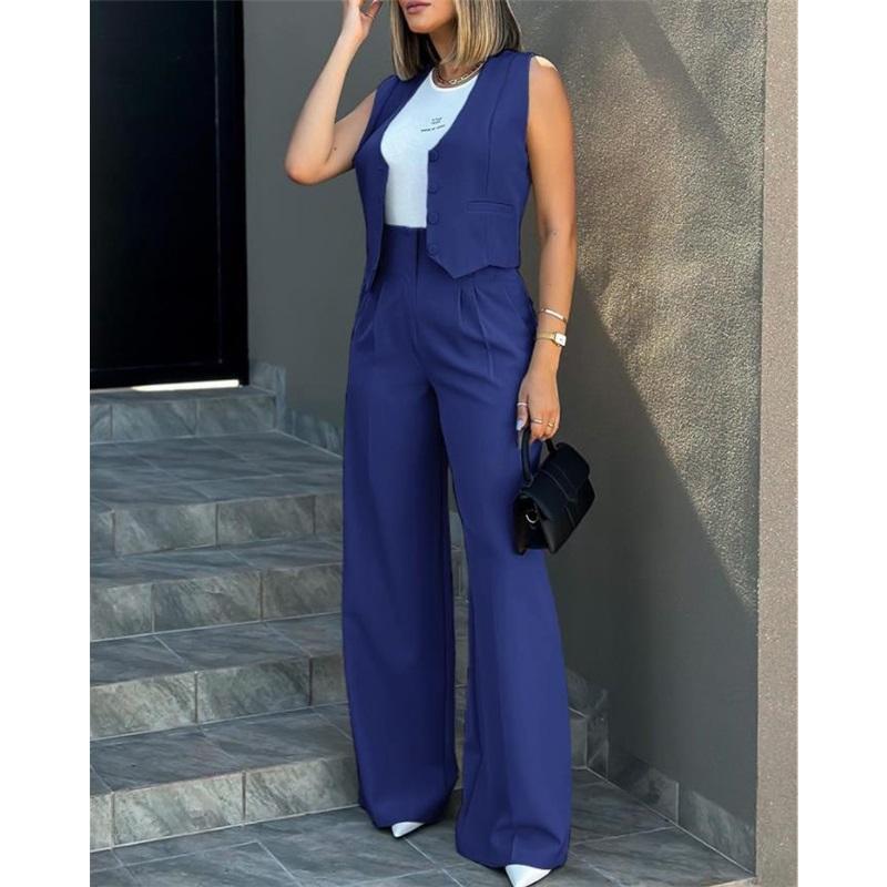 Women 2 Piece Suit Sleeveless Button Vest High Waist Wide Leg Pants Office Casual Outfit