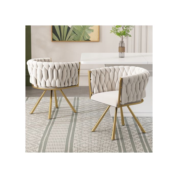 Luxueux et lumineux fauteuil pivotant simple, fauteuil pivotant de salon avec quatre pieds en métal, couleurs beige et or