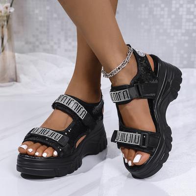 Sandálias Femininas de Verão com Plataforma e Salto Anabela de Strass, Sapatos Casuais Esportivos de Praia, Confortáveis, com Solado Macio e Fechamento Ajustável