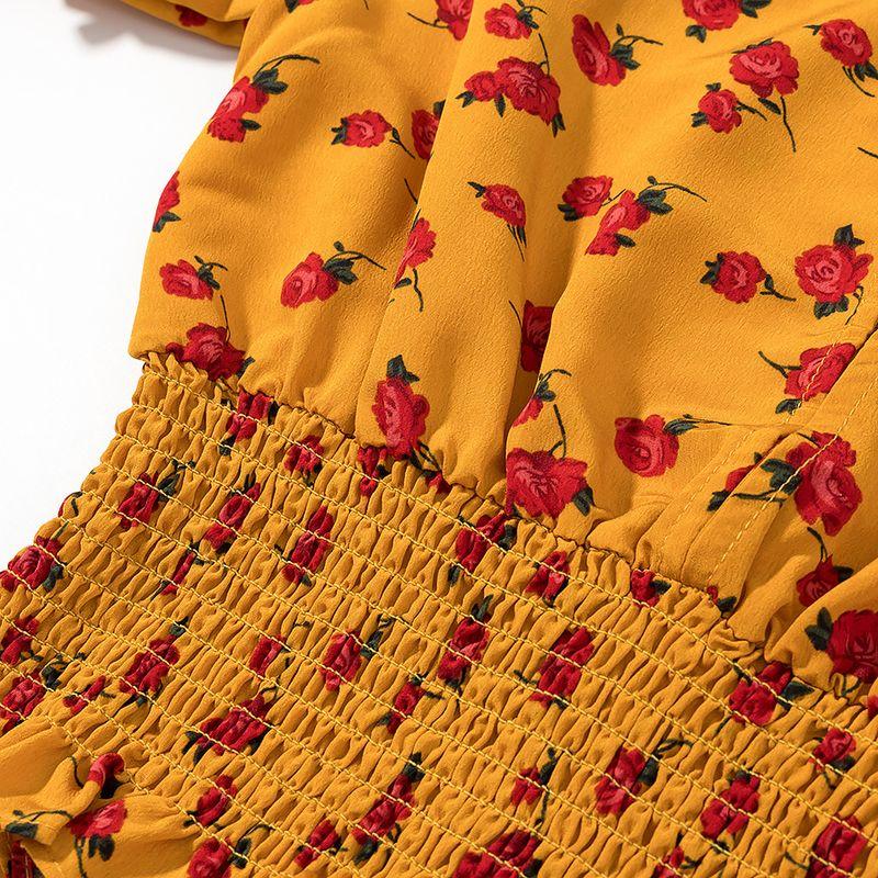 Kaslead New Women Clothes Western Style Fashion Simple Floral V-neck Waist Hugging Short Shirts