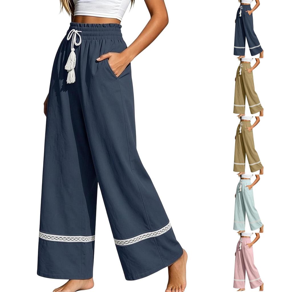 High Waist Loose Fit Wide Leg Pants with Hollow Out Detailing and Drawstring Waistband for Casual Relaxed Style