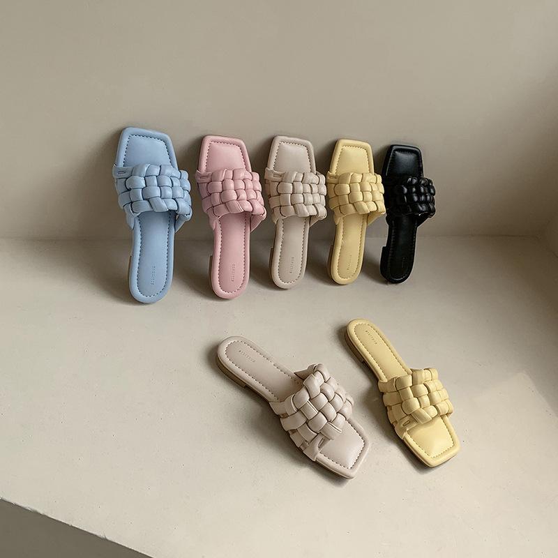 Sheepskin Version of Marshmallow Square Head Leather Woven Slippers for Women Wearing New Flat Bottom One Word Lazy Cool Slippers for Summer Women
