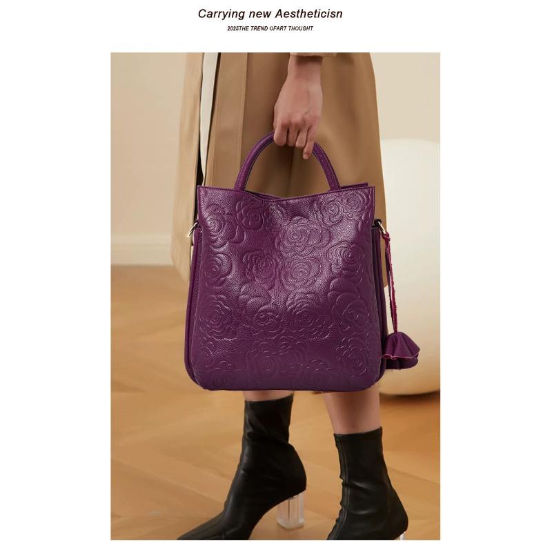 Genuine Leather Women'S Bag Rose Printing Versatile Bucket Bag Large Capacity Portable Messenger Bag