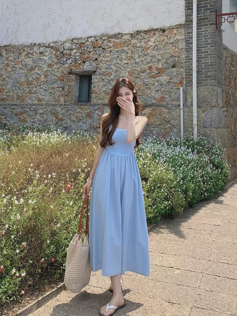 Kumikumi Blue Summer 2024 Women's Slim Waist Suspender Dress