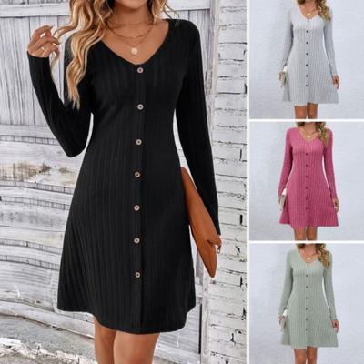 Women Fall Winter Dress V Neck Striped Button Single-breasted A-line Big Hem Long Sleeve Tight Waist Solid Color Knitted Mini Dress