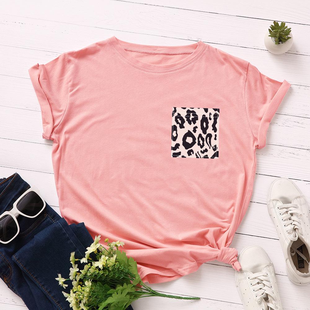 Creative Leopard Print Chest Flower Fake Pocket Cotton T-Shirt Short Sleeve Round Neck Women 2d Print Tops