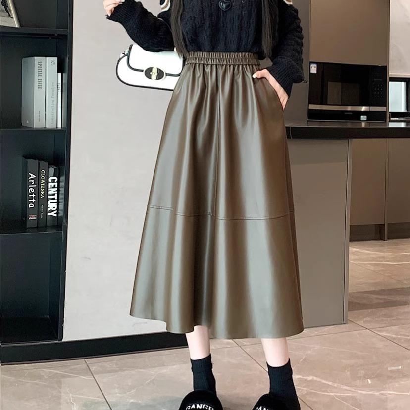 Women's 2024 PU Leather A-Line Mid-Length Skirt: Autumn/Winter Fashion, Elastic Waist, Versatile Temperament, Loose Fit Umbrella Design