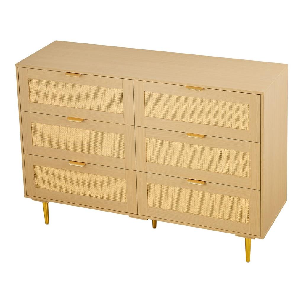 6 Drawer Rattan Dresser, Double Dresser for Bedroom, Natural Rattan Chest of Drawers with Metal Handles & Legs, Modern Wood Chest Clothing Organizer &