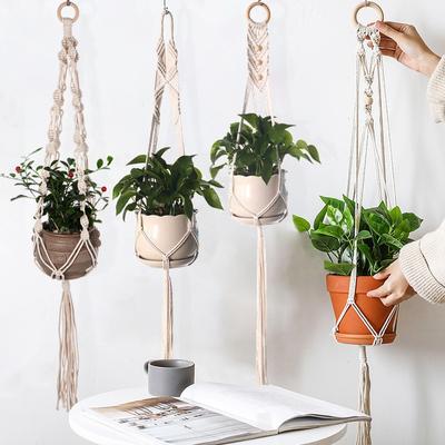 Závěsné koše Macrame Tkaná bavlna Ručně vyráběný košík na květiny Nástěnný věšák na rostliny Květináč Vnitřní Bonsai Balkon Vázané zvedací lano