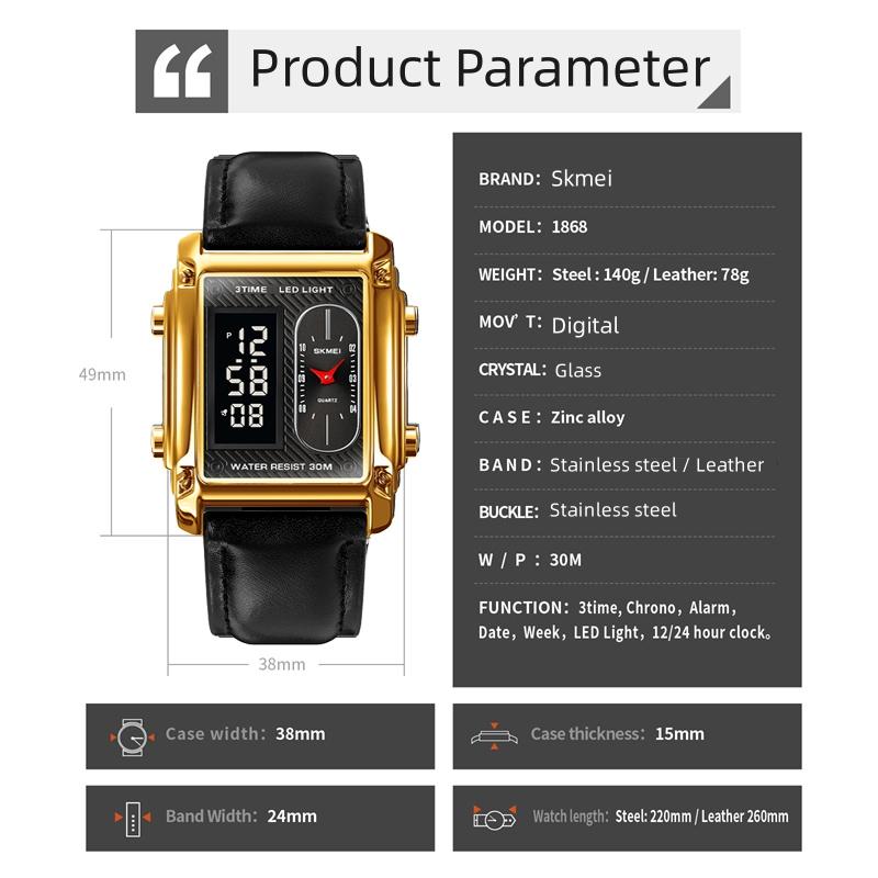 Skmei Three Time Zones Men's Digital Sport's Watches LED Waterproof Chronograph Quartz Wristwatch Male Alarm Clock