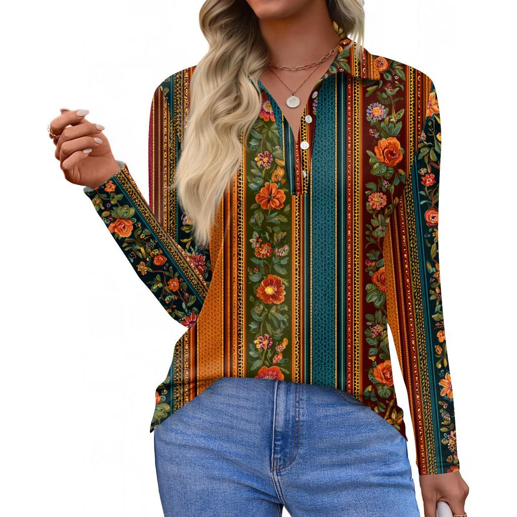 Women's Fashion Casual Lapel Short Long Sleeve Print Shirt Women's Button Up Tops