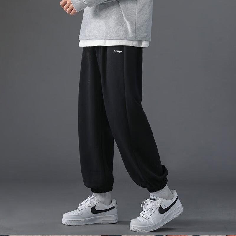 Li-Ning Casual Fleece Lined Warm Cuffed Long Pants Knitted Sports Pants Men bottoms Standard-Black AKLQ989-1